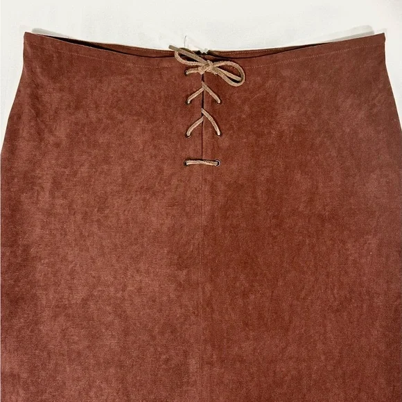 Vintage Brown Suede Lace-Up Front Asymmetrical Skirt - Picture 3 of 4